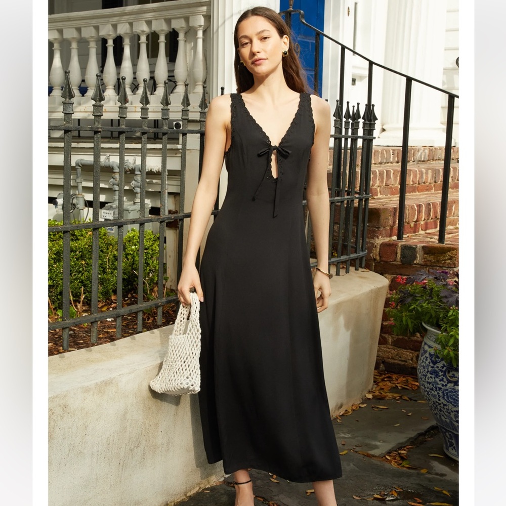 Women's Black Midi Dress with Tie Front